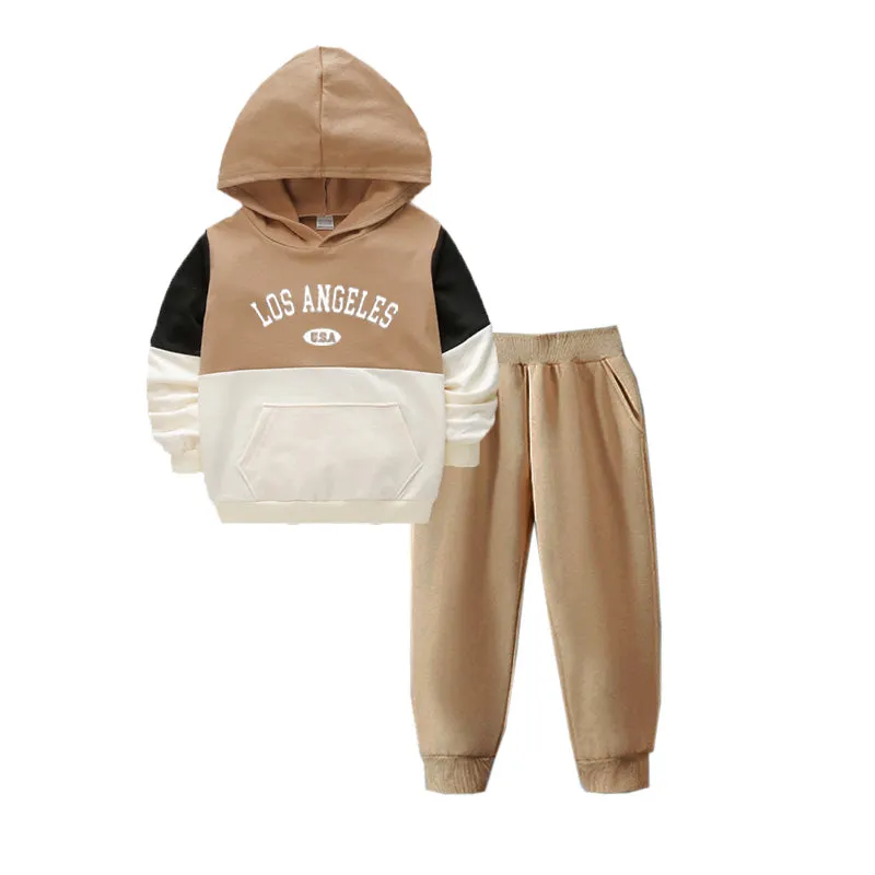 2 Pcs Boys Hoodie Color Block Sweatshirt and Casual Pants Set