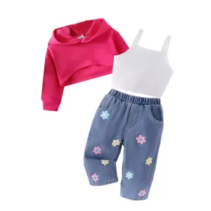 3 Pcs Baby Girl Floral Hoodie Sweatshirt Set with Pants and Top