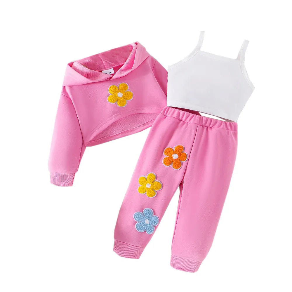 3 Pcs Baby Girl Floral Hoodie Sweatshirt Set with Pants and Top