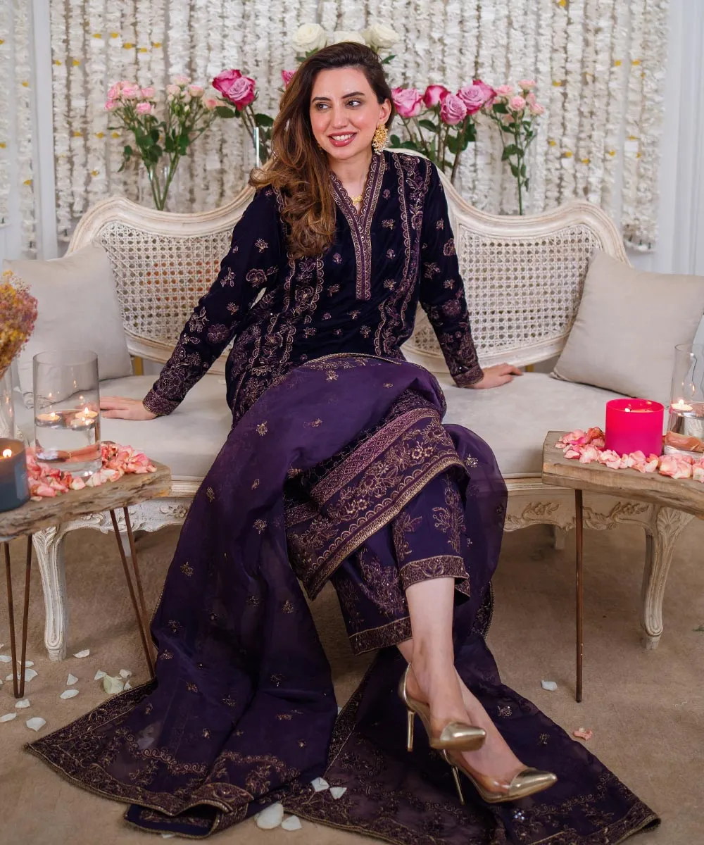 3 Piece -  Embroidered Velvet Suit