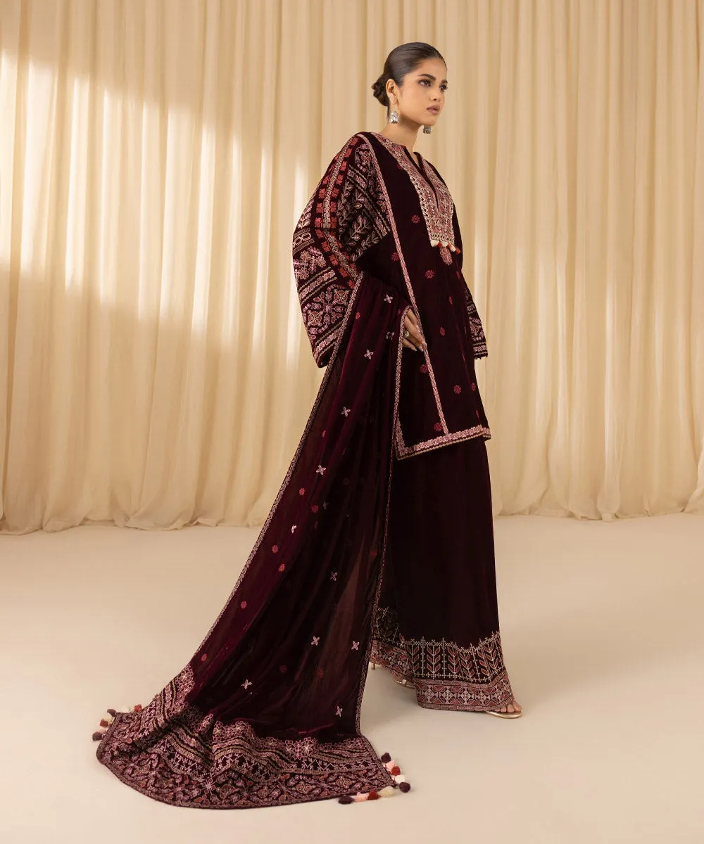 3 Piece -  Embroidered Velvet Suit