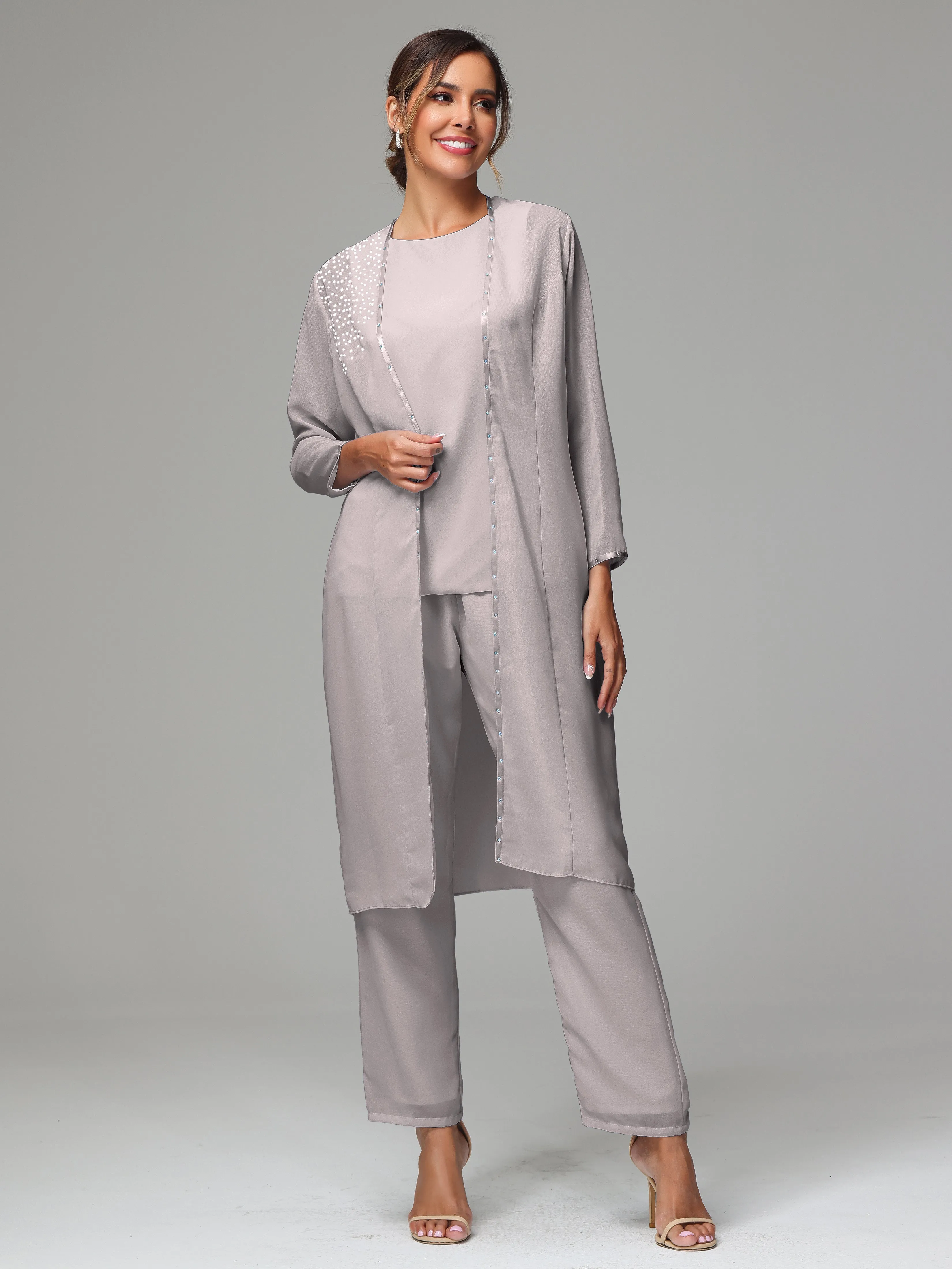 3 Pieces Chiffon Fancy Mother Of The Bride Dress Pants Suits