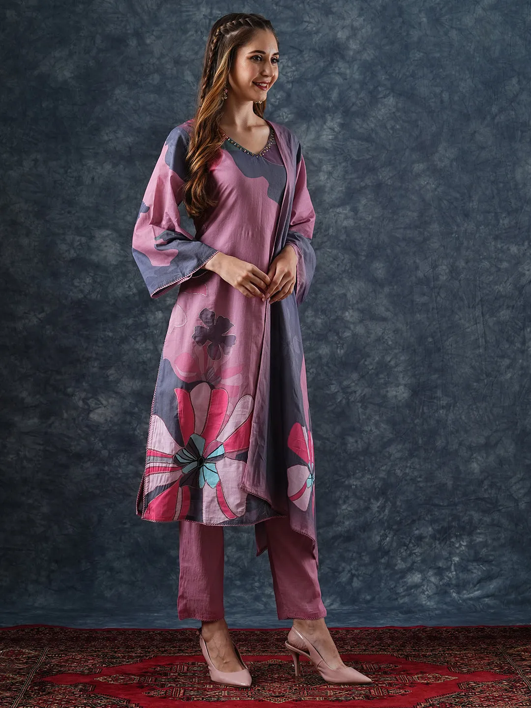 Abstract Printed Zari & Cutdana Embroidered Kurta with Pants & Dupatta - Pink