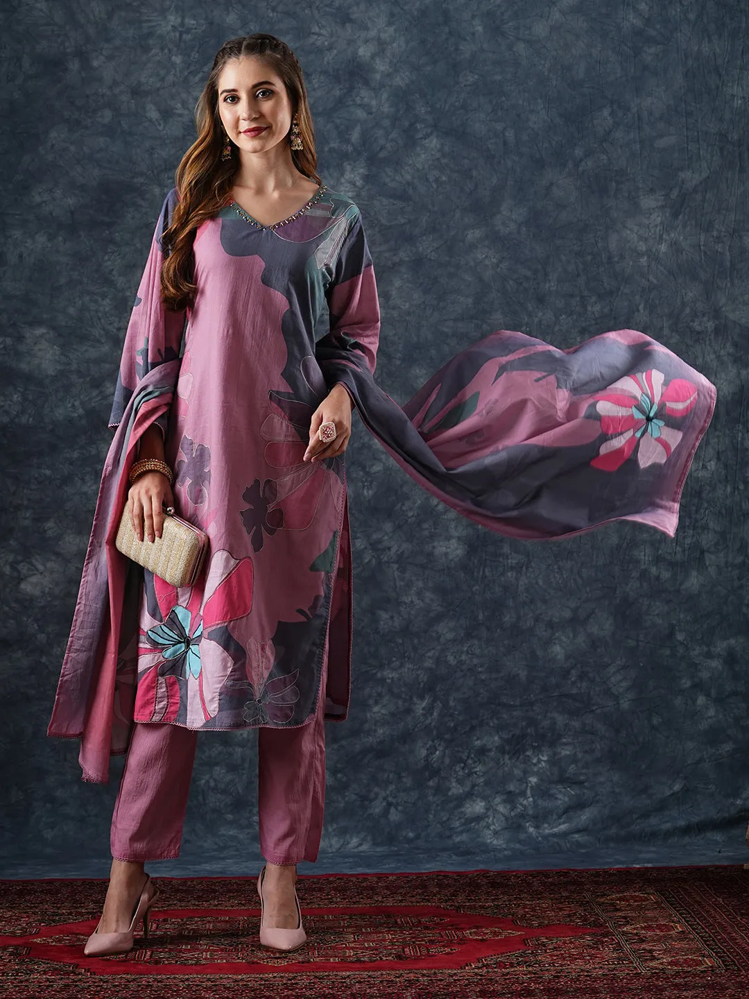 Abstract Printed Zari & Cutdana Embroidered Kurta with Pants & Dupatta - Pink