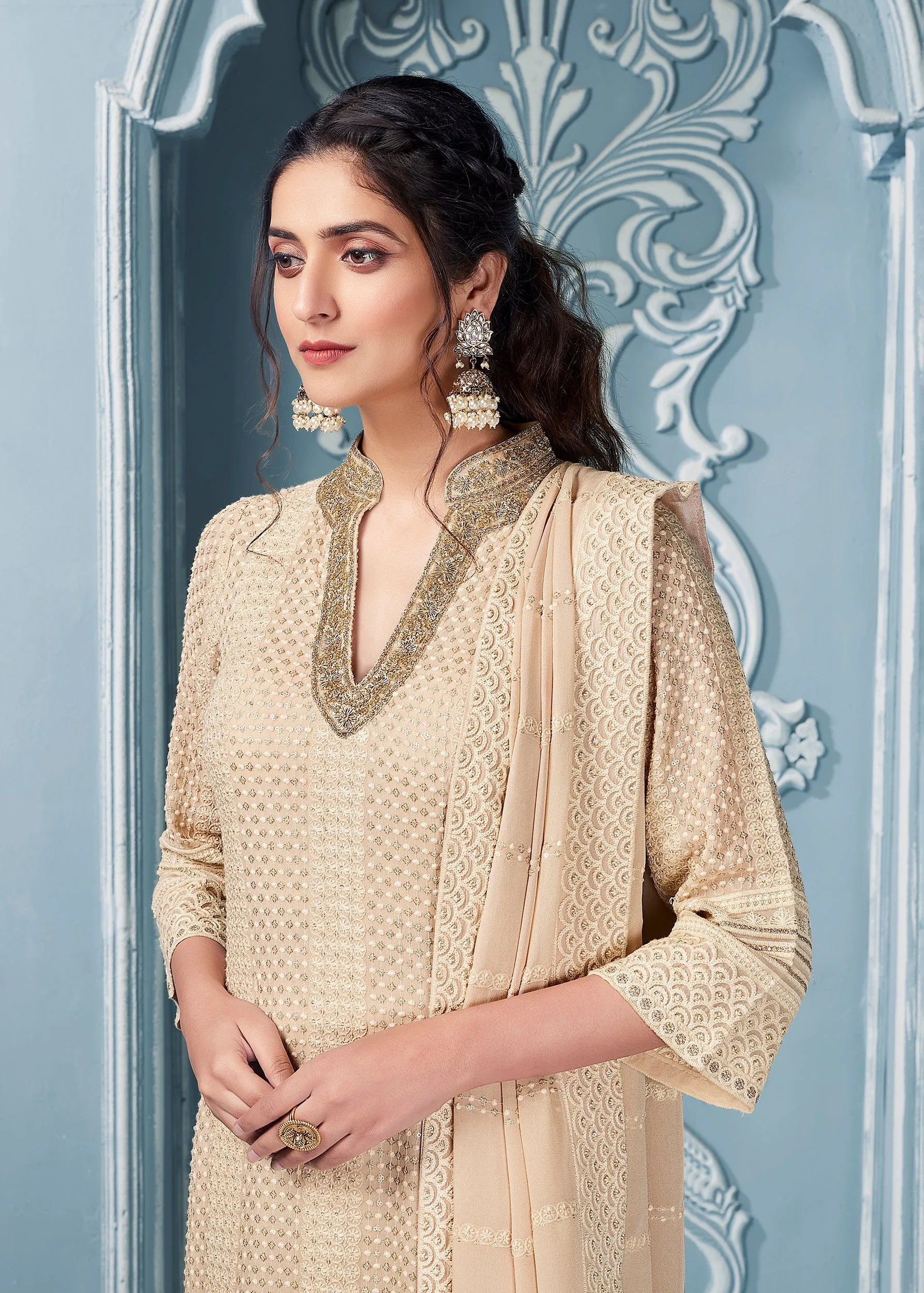 Beige Kurta Set with Gold Hand Embroidery