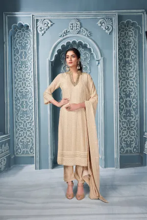 Beige Kurta Set with Gold Hand Embroidery