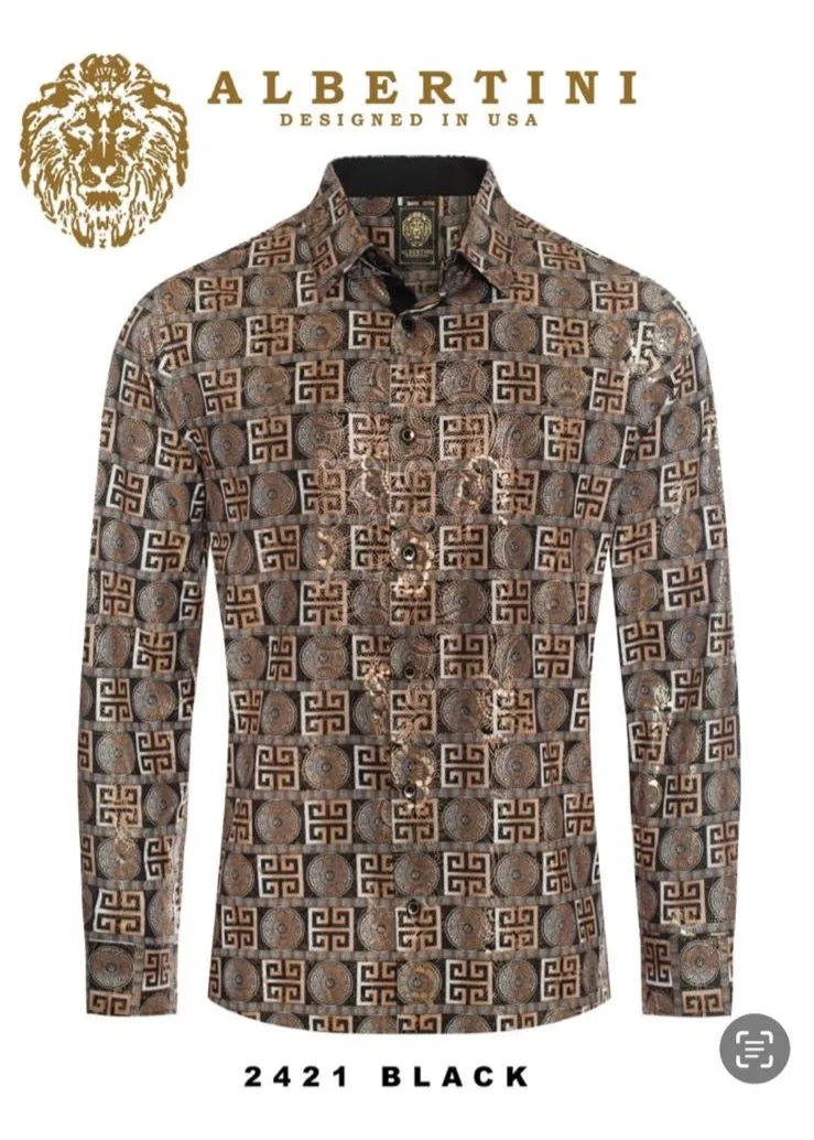 Black-Beige Paisley Luxury Design Men's Long Sleeve Vintage Shirt Regular-Fit Style No: 2421