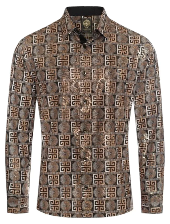 Black-Beige Paisley Luxury Design Men's Long Sleeve Vintage Shirt Regular-Fit Style No: 2421