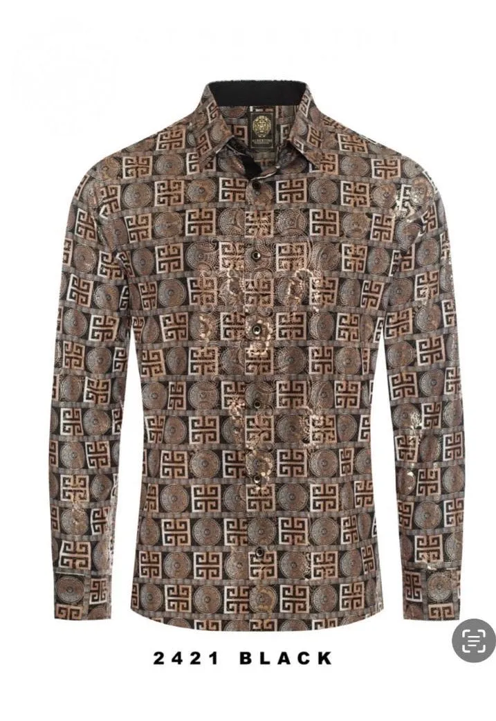 Black-Beige Paisley Luxury Design Men's Long Sleeve Vintage Shirt Regular-Fit Style No: 2421