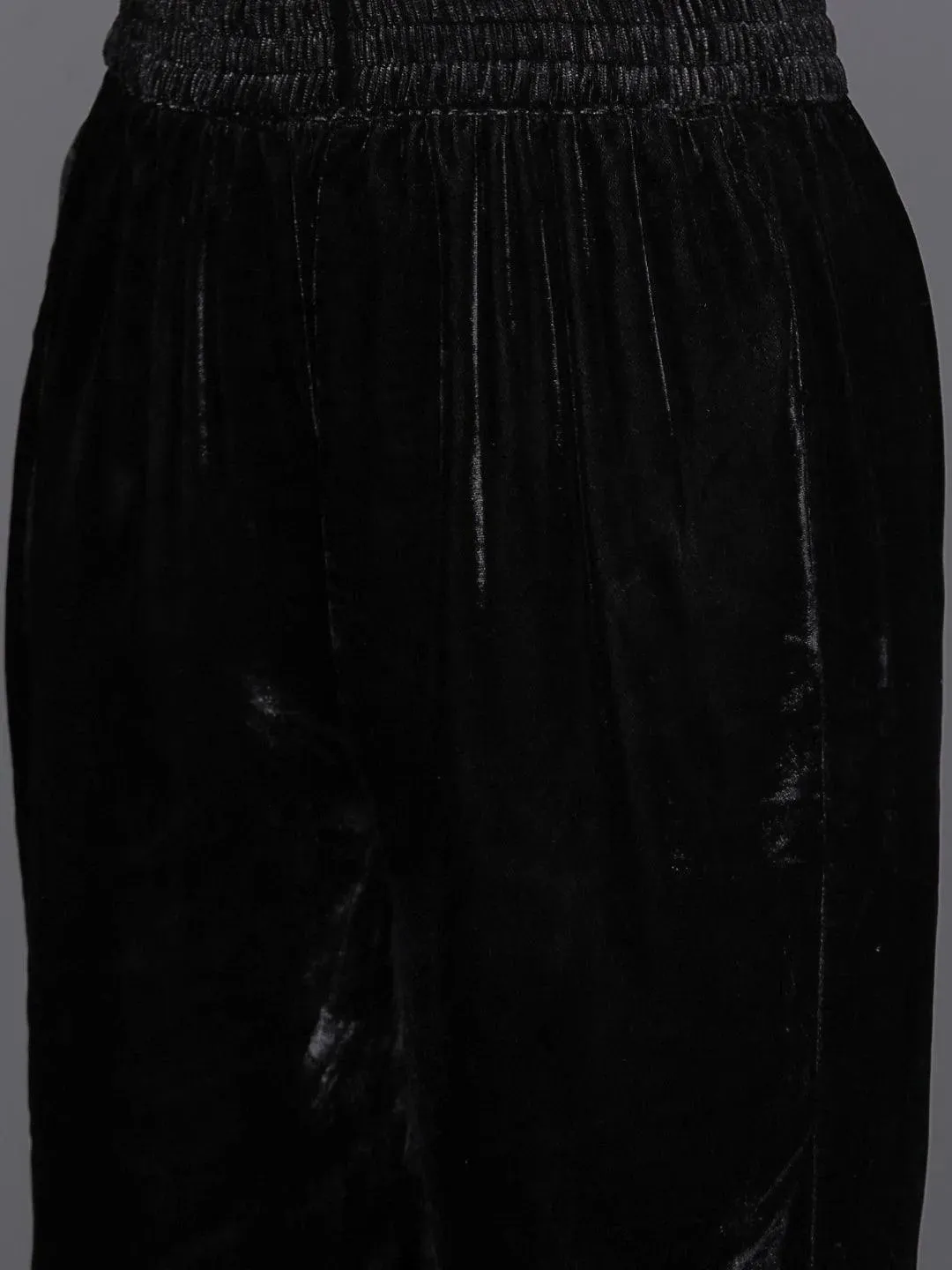 Black Embroidered Velvet A-line Kurta With Trousers & Dupatta