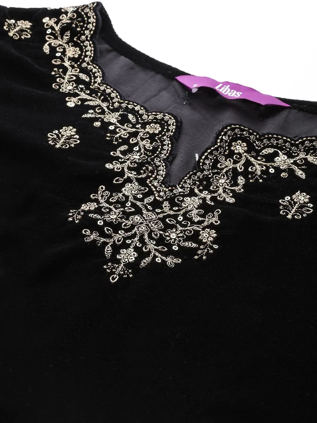 Black Embroidered Velvet A-line Kurta With Trousers & Dupatta