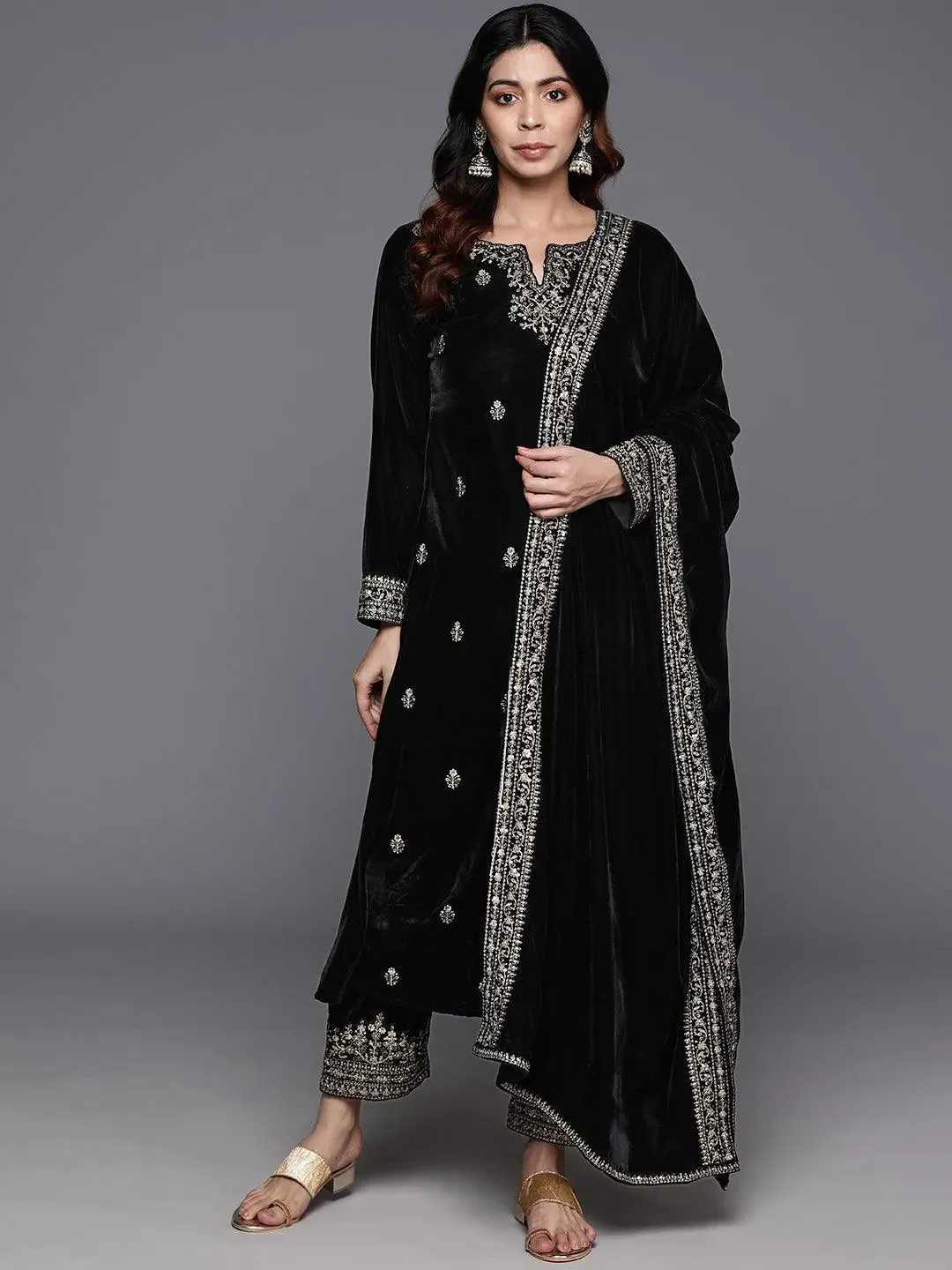 Black Embroidered Velvet A-line Kurta With Trousers & Dupatta