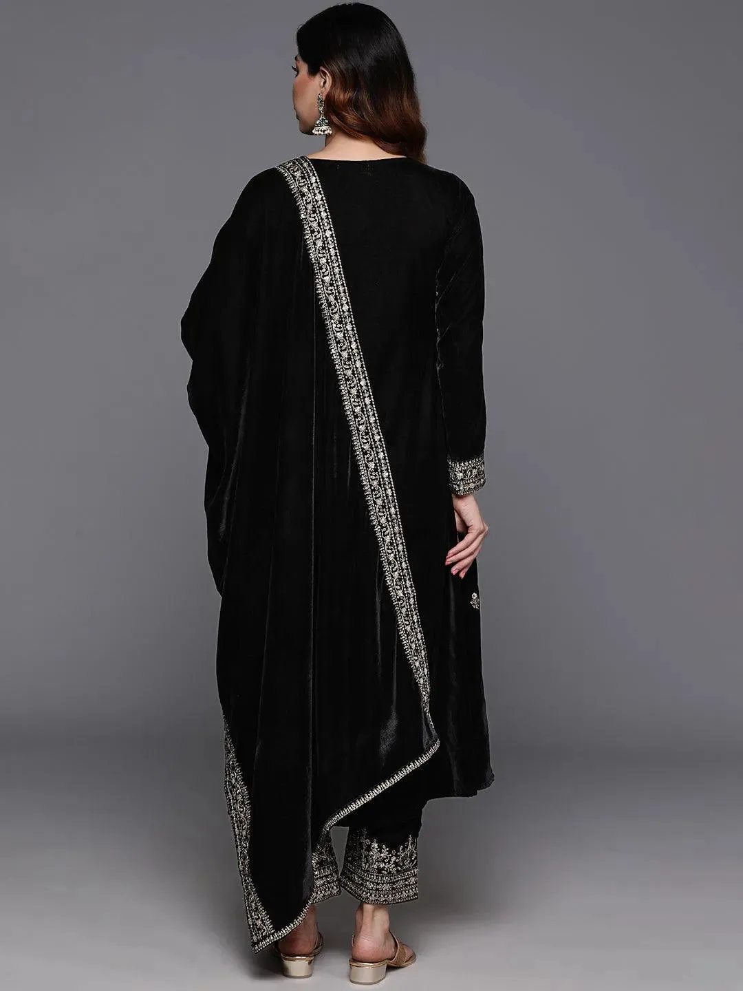 Black Embroidered Velvet A-line Kurta With Trousers & Dupatta