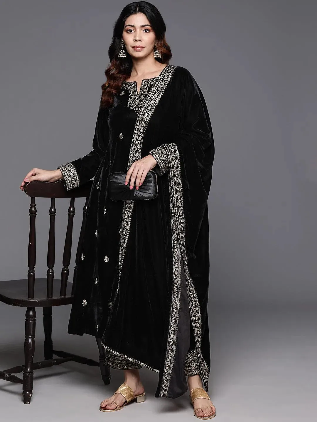 Black Embroidered Velvet A-line Kurta With Trousers & Dupatta