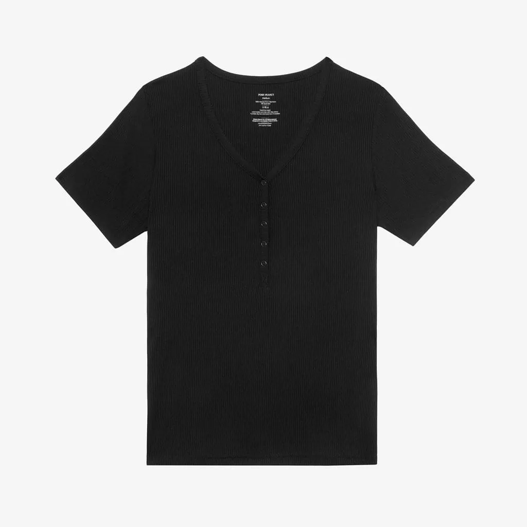 Black Ribbed Women's Short Sleeve Loungewear