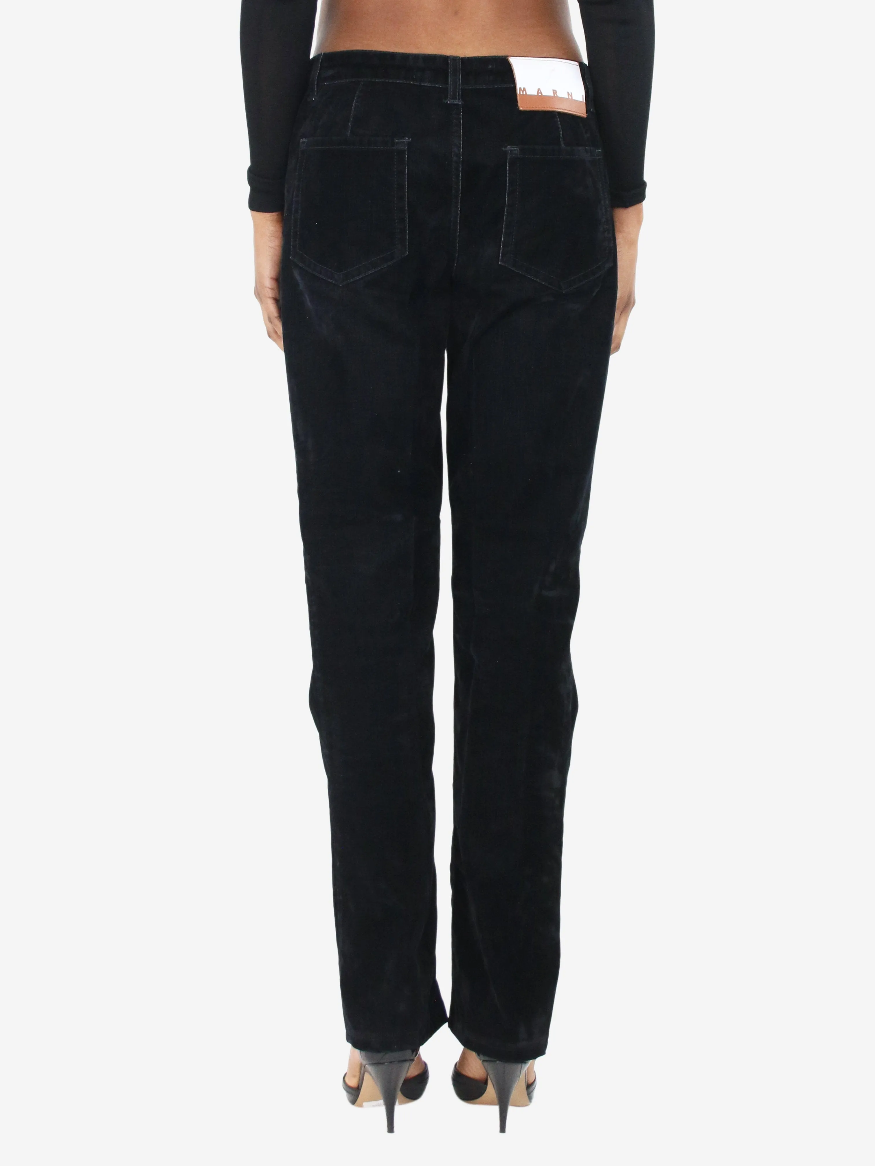 Black straight-leg velvet trousers - size UK 6