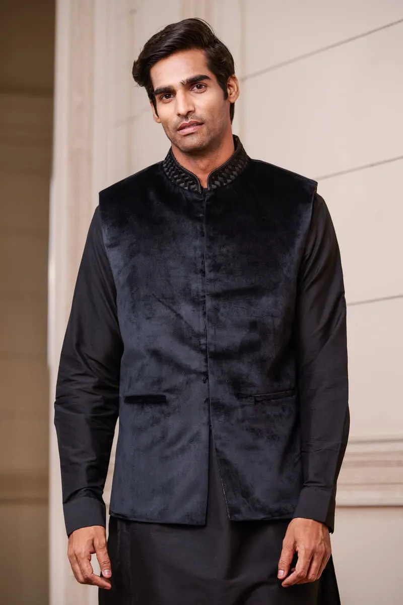 Black Velvet Bundi With Embroidery on Collar