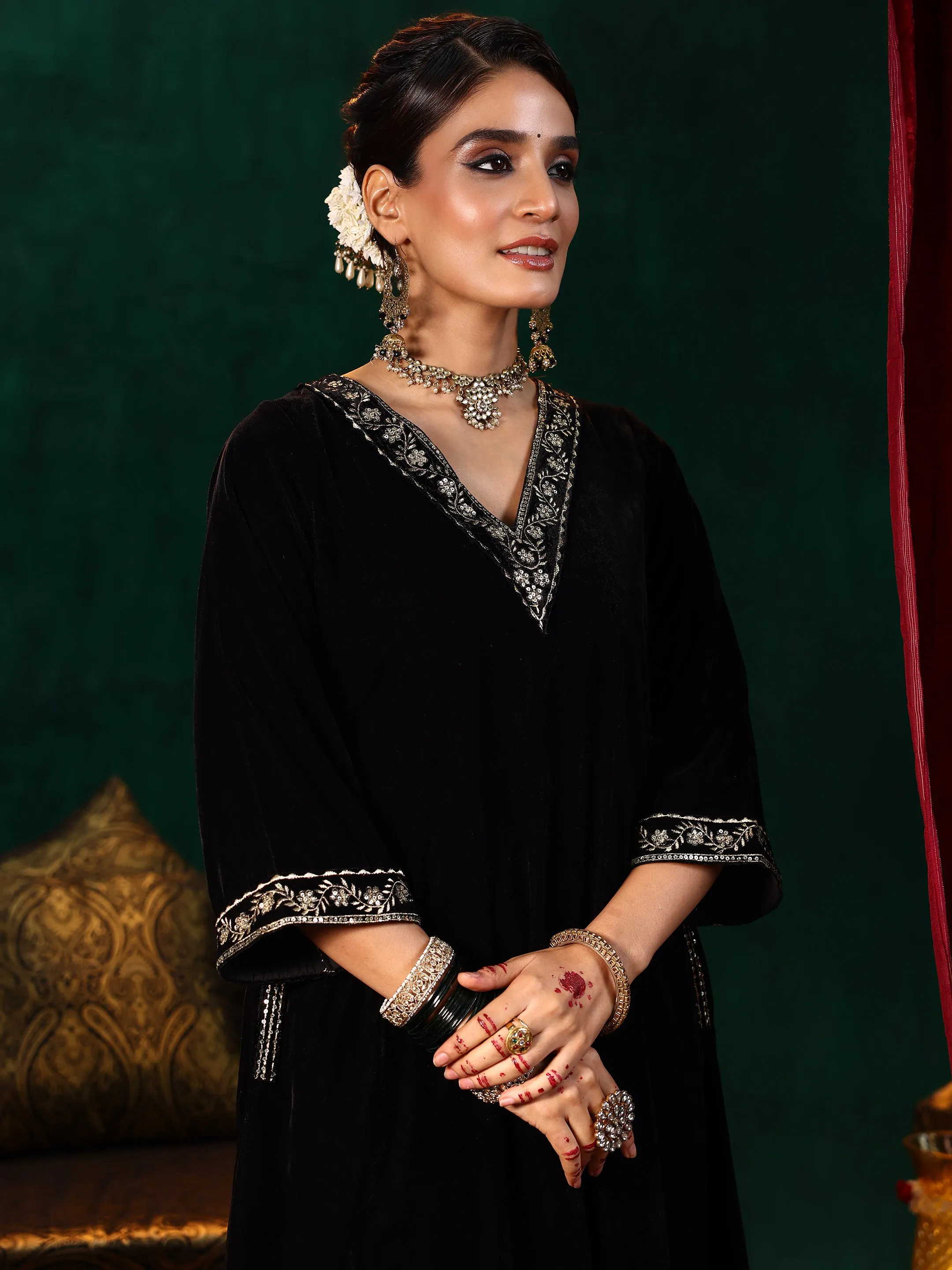 Black Yoke Design Velvet A-Line Kurta With Trousers & Dupatta