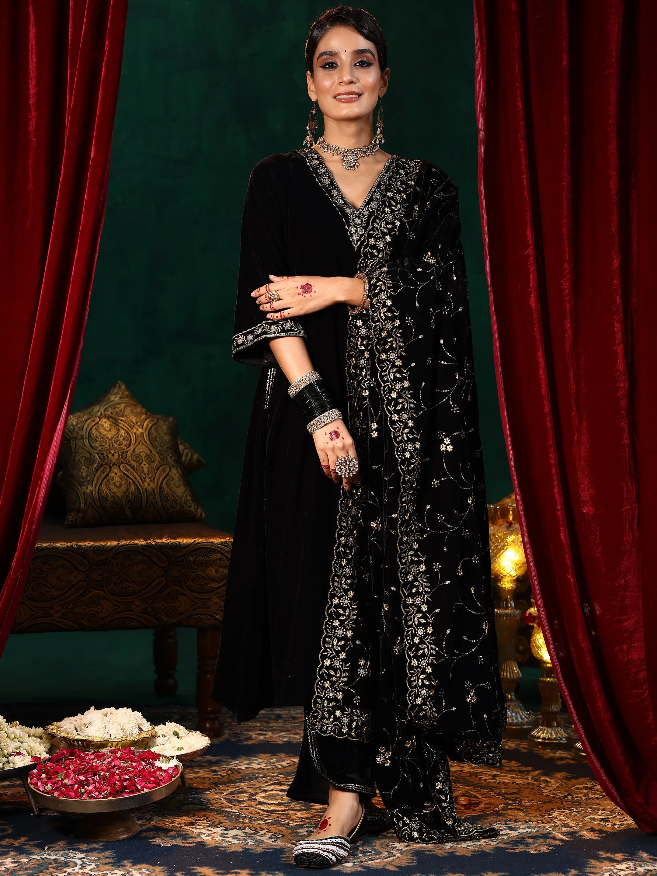 Black Yoke Design Velvet A-Line Kurta With Trousers & Dupatta