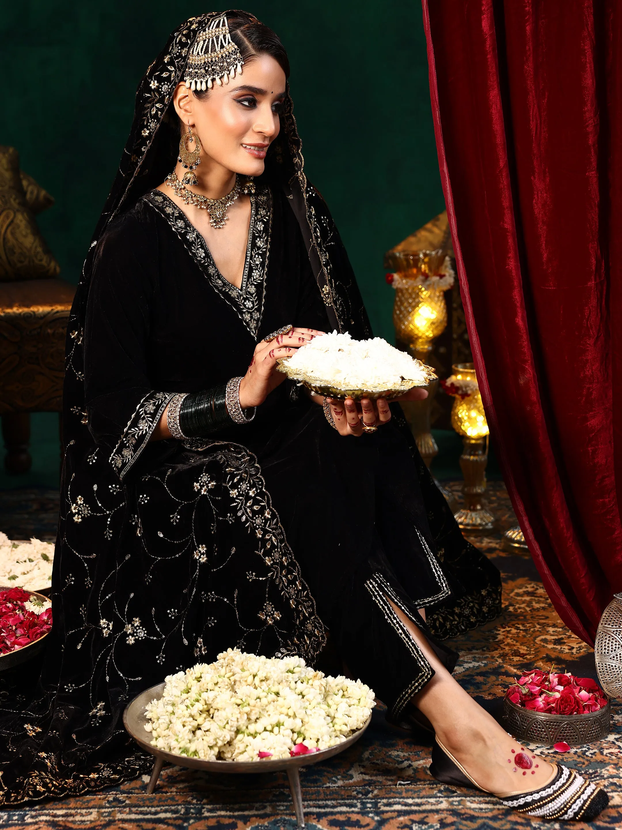 Black Yoke Design Velvet A-Line Kurta With Trousers & Dupatta