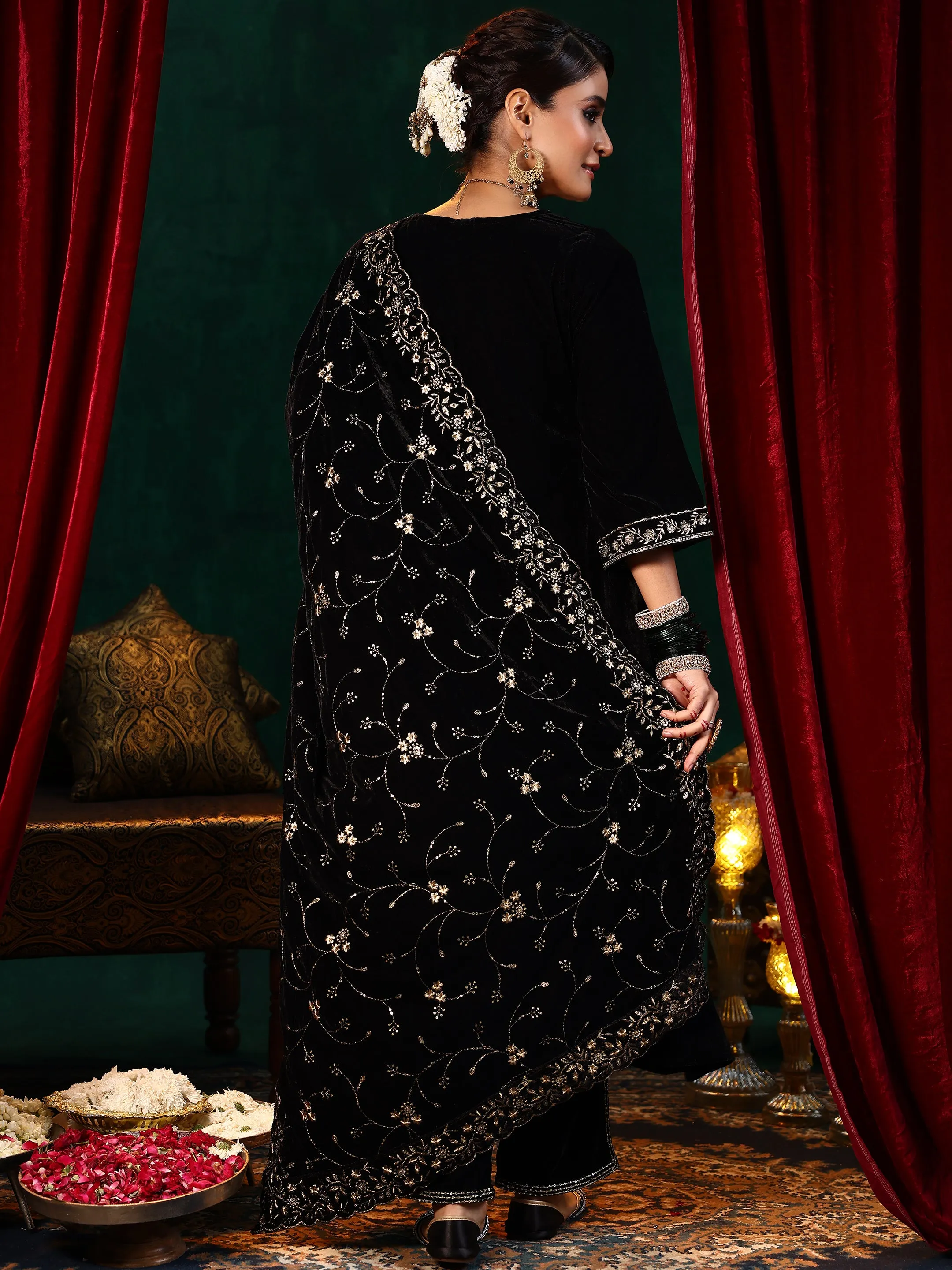 Black Yoke Design Velvet A-Line Kurta With Trousers & Dupatta