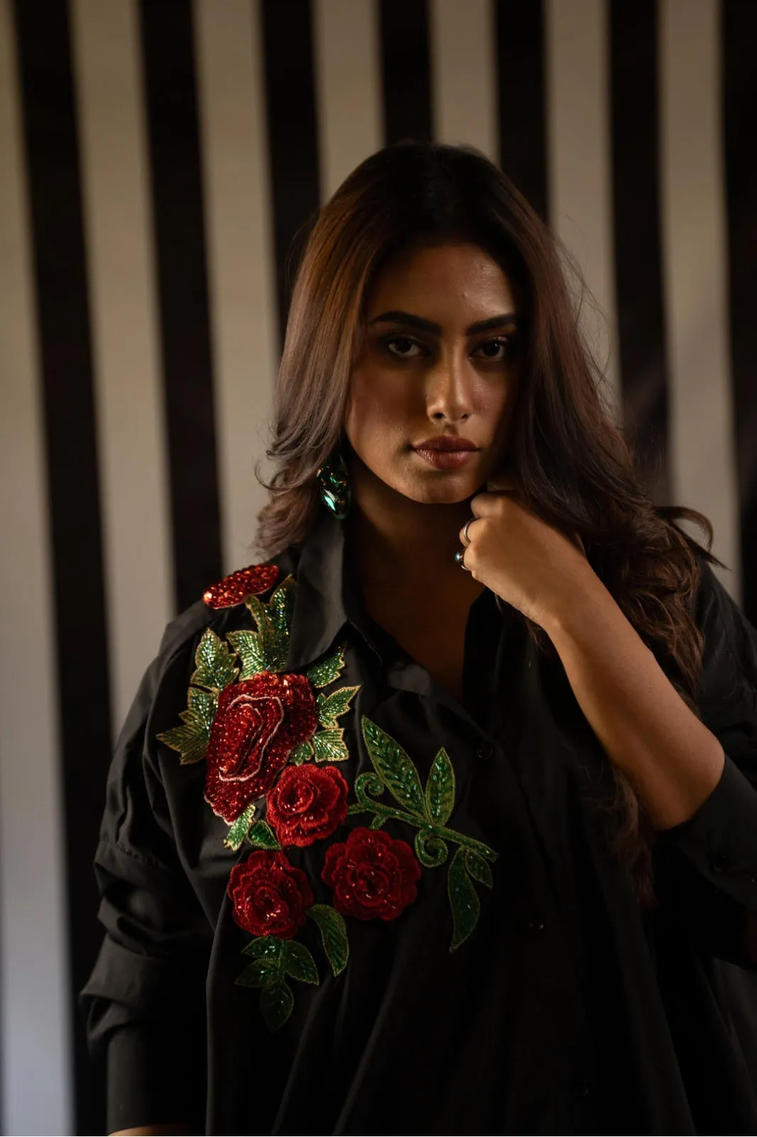 Blossom in Style: Black Rose Flare Shirt