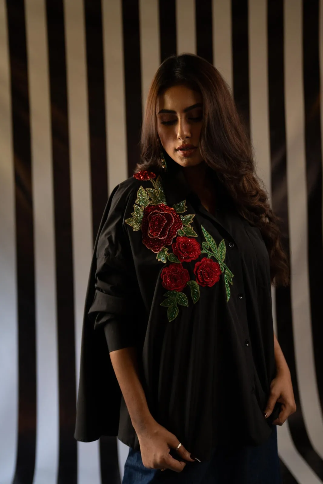 Blossom in Style: Black Rose Flare Shirt