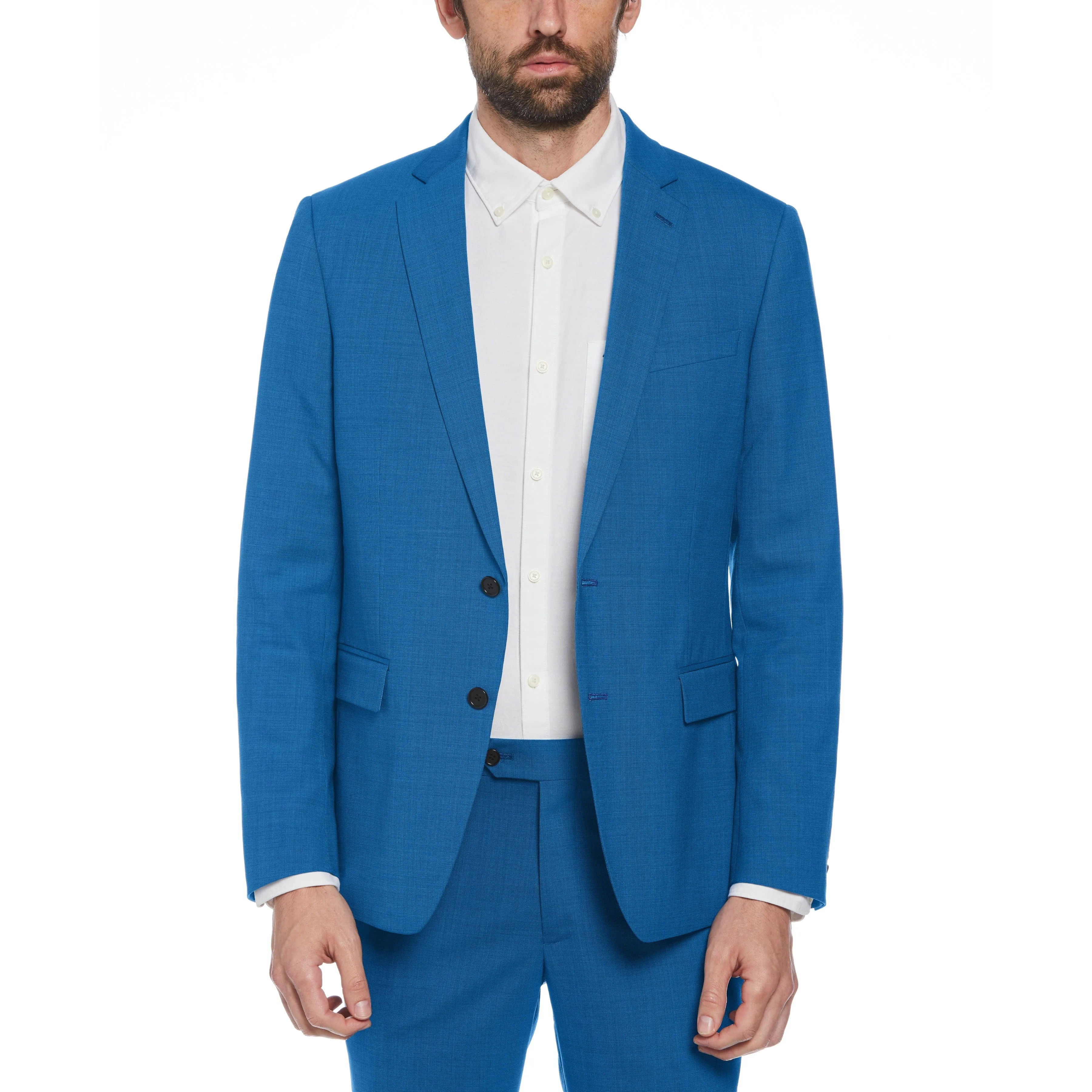 Blue Textured Wool Blend Two Piece Suit