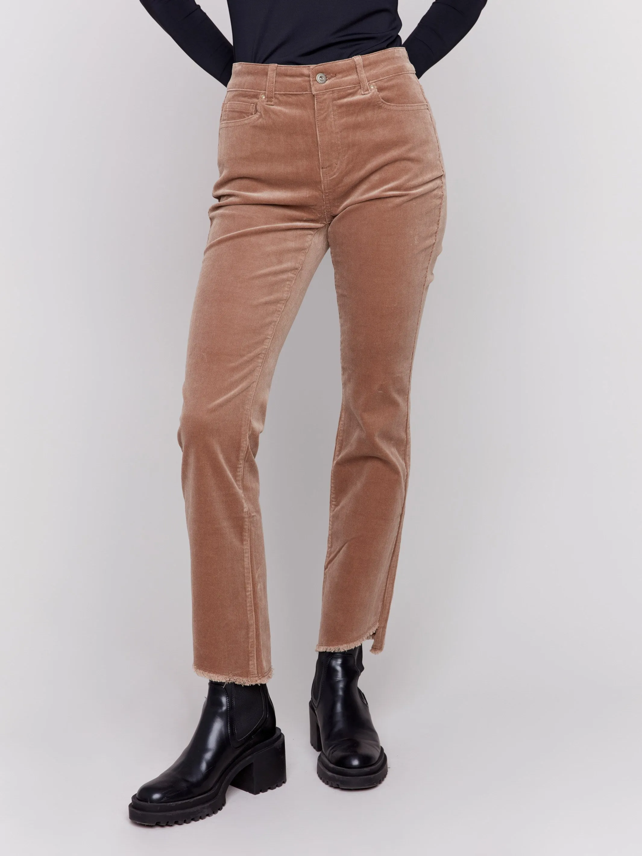 Bootcut Corduroy Pants with Asymmetrical Hem - Truffle