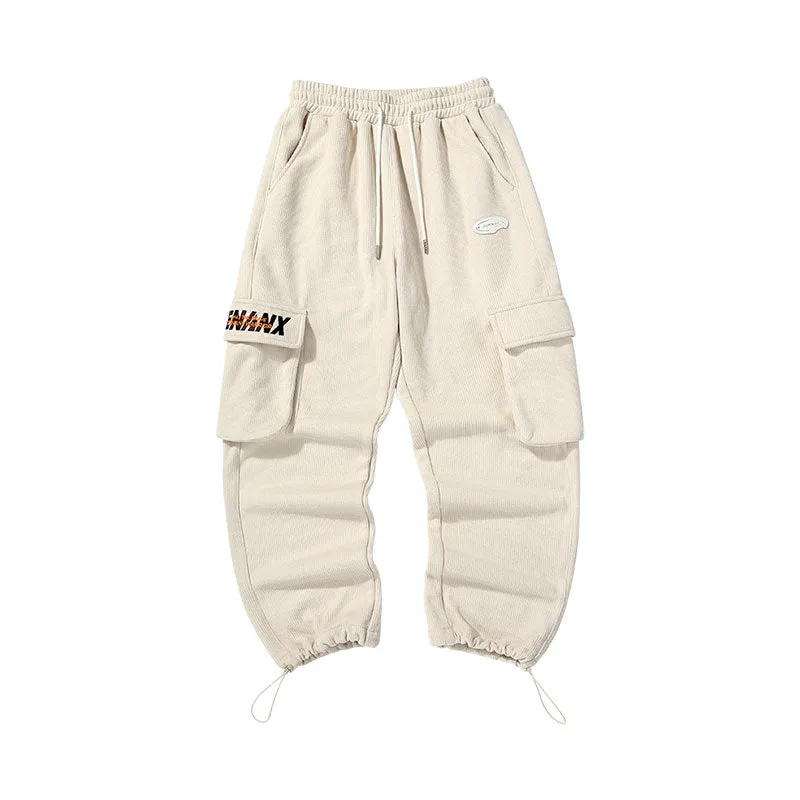 Cargo pocket alphabet embroidered stretch rope thick Korean fleece casual pants