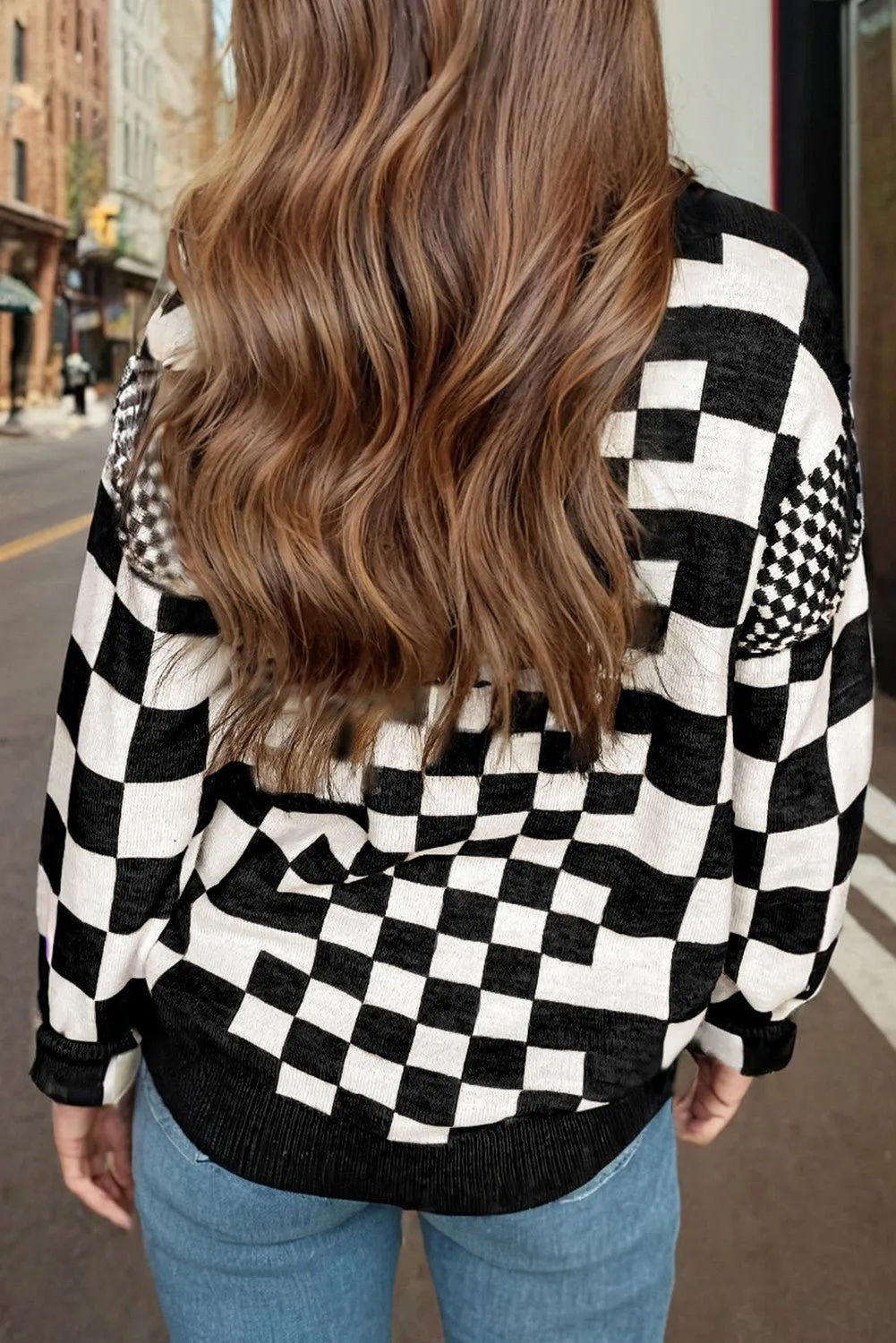 Checkered Print Drop Shoulder Round Neck Sweater - 2 Colors Available