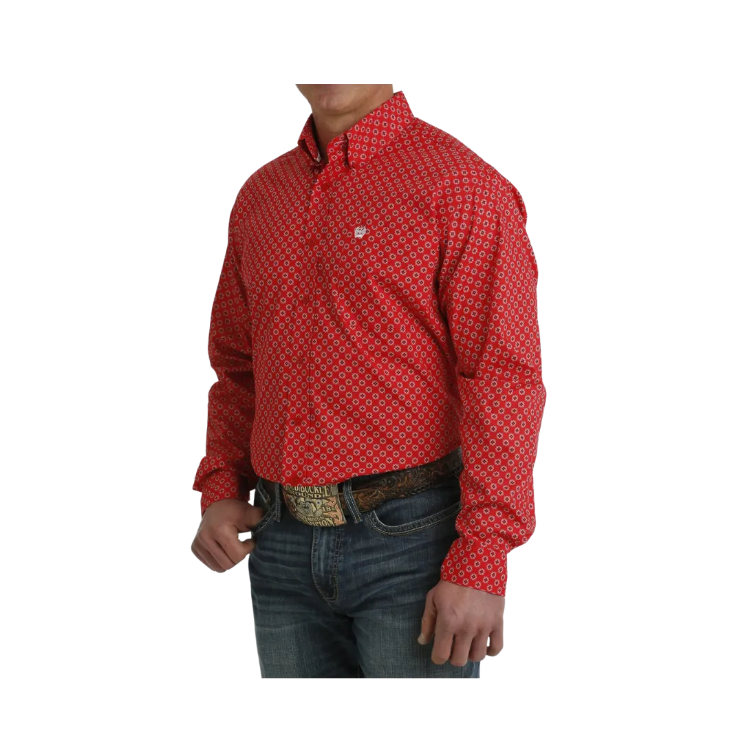 Cinch Men's Medallion Print Button Down Western Red White Shirt