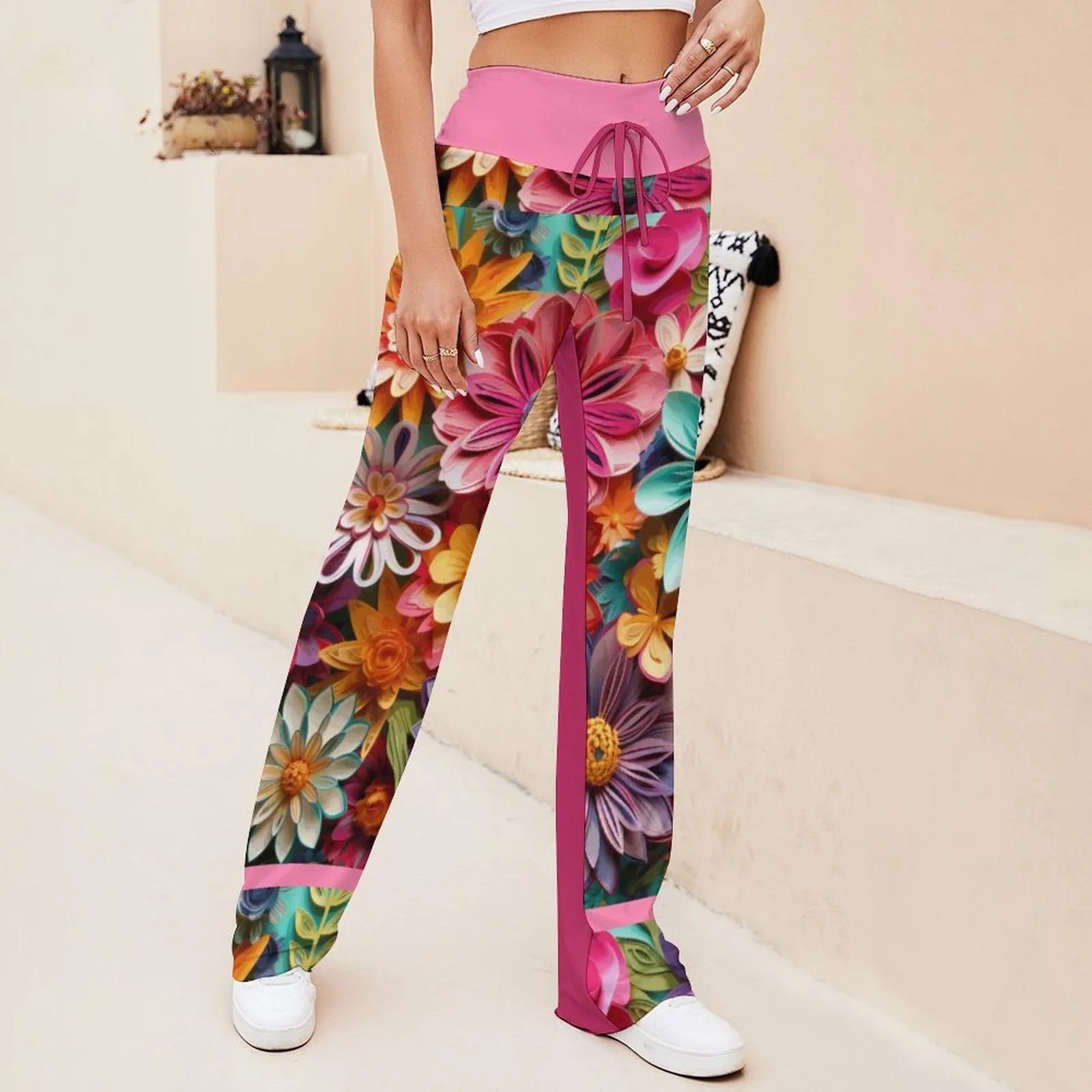 Colorful Floral Pattern Drawstring Yoga Pants  with Straight Baggy (All-Over Printing)