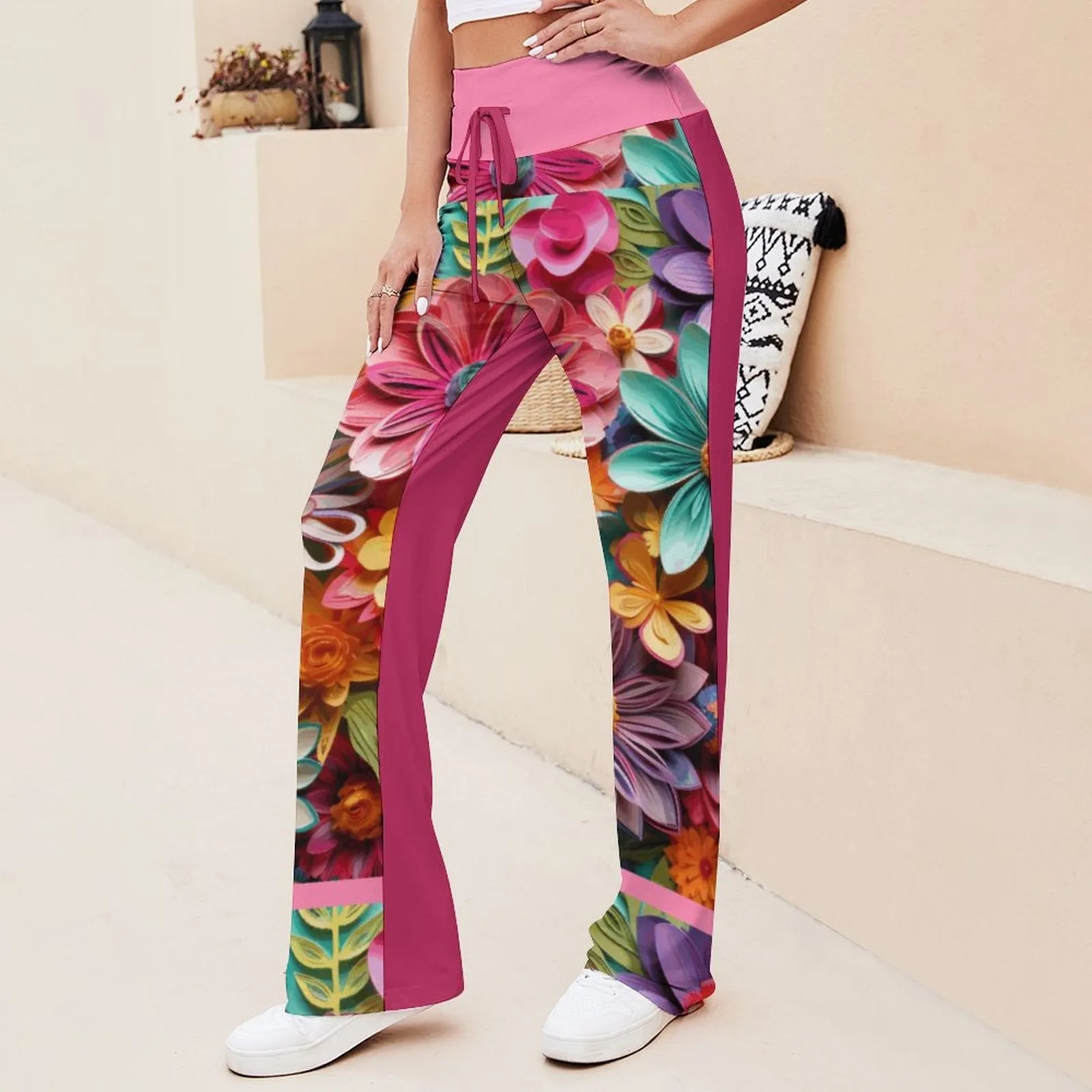 Colorful Floral Pattern Drawstring Yoga Pants  with Straight Baggy (All-Over Printing)