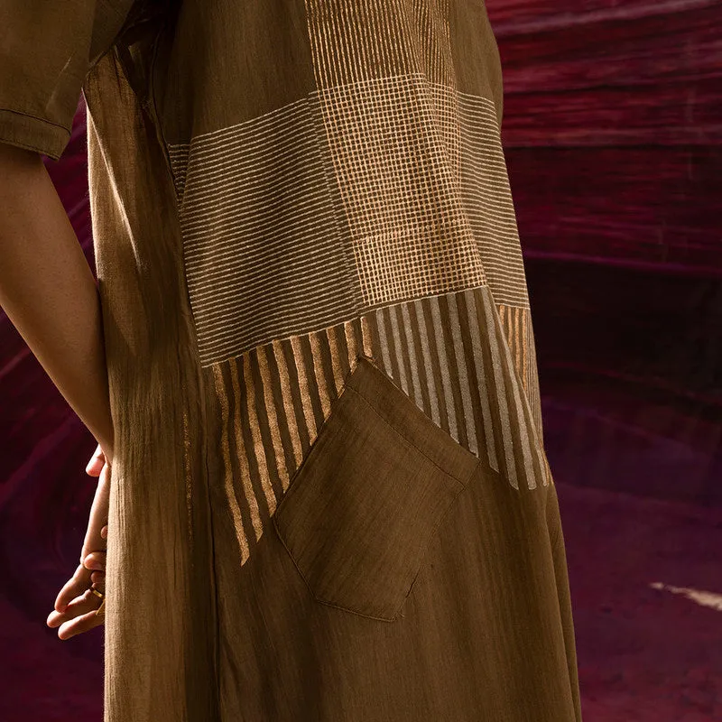 Cotton Block Kurta Set for Women | Mud Brown & Gold