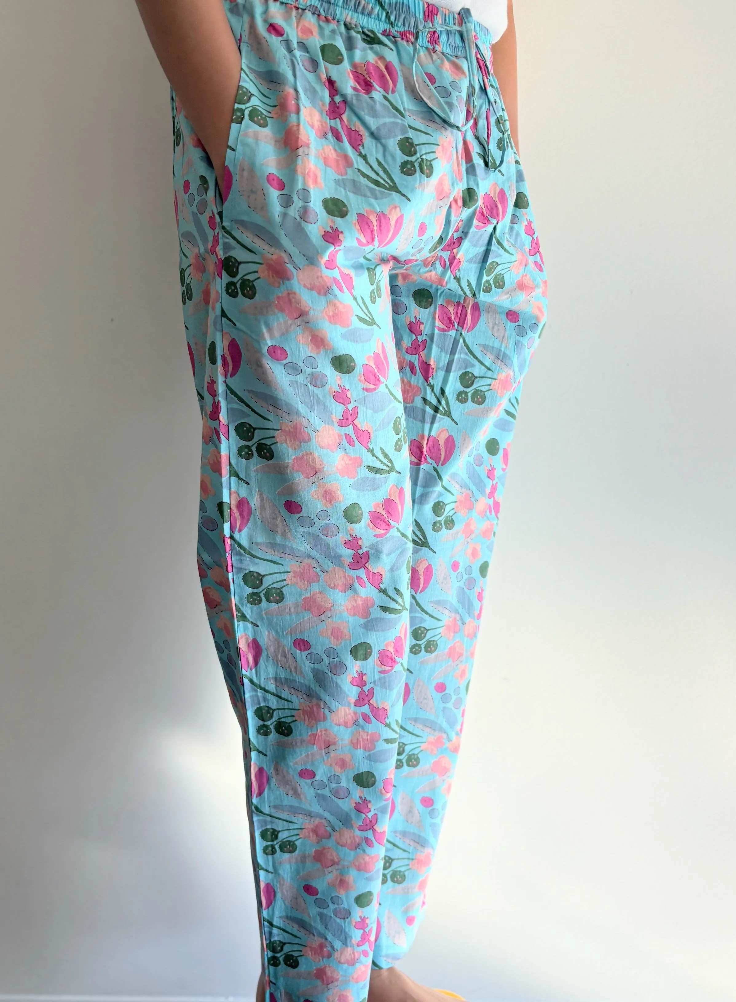 Cotton Pajama Pants Women - Floral Azure