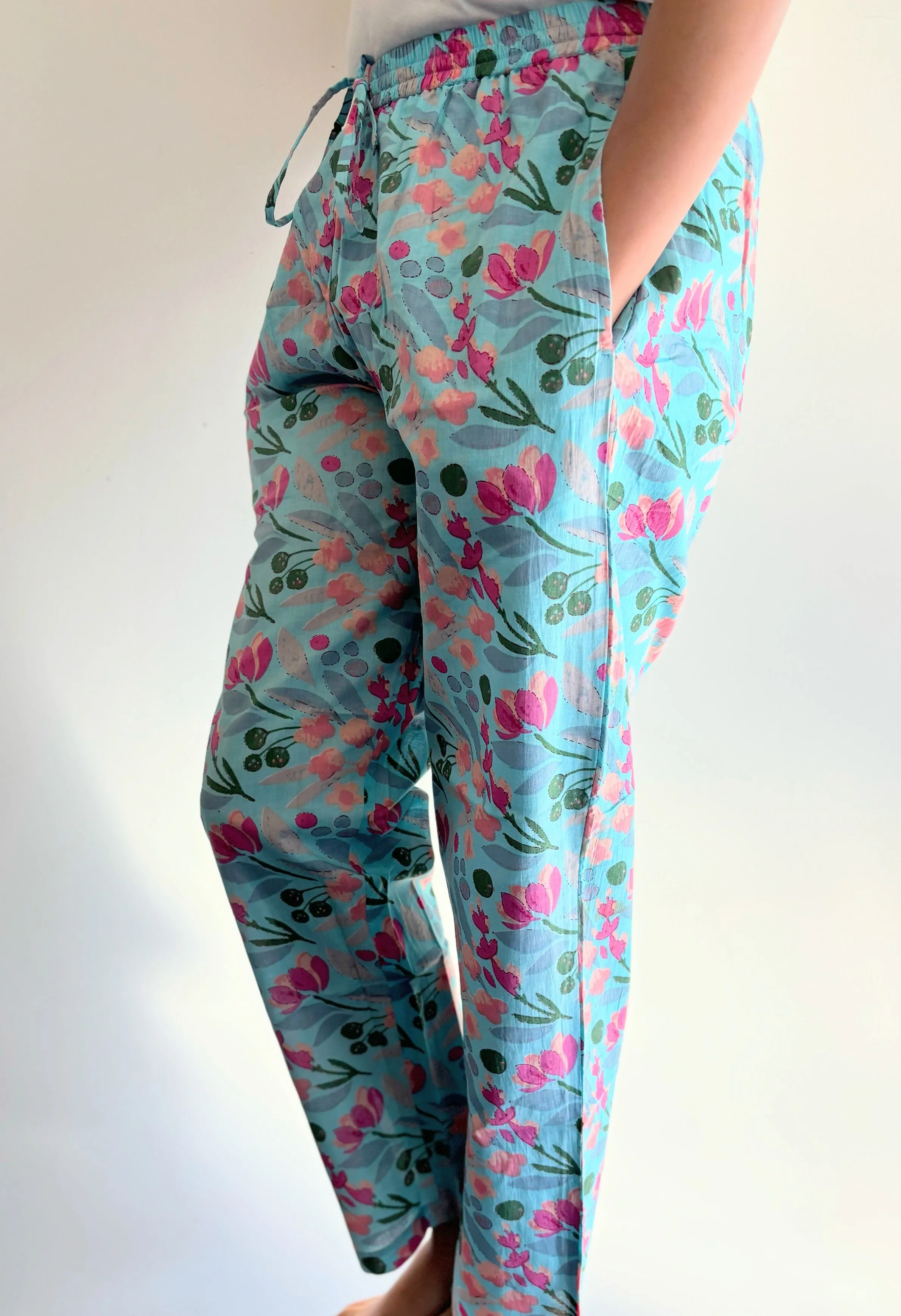 Cotton Pajama Pants Women - Floral Azure