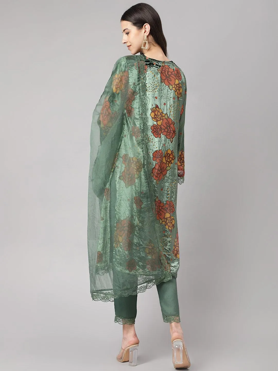 Divena Green Burn out Velvat Kurta Haram Pant with Organza Dupatta