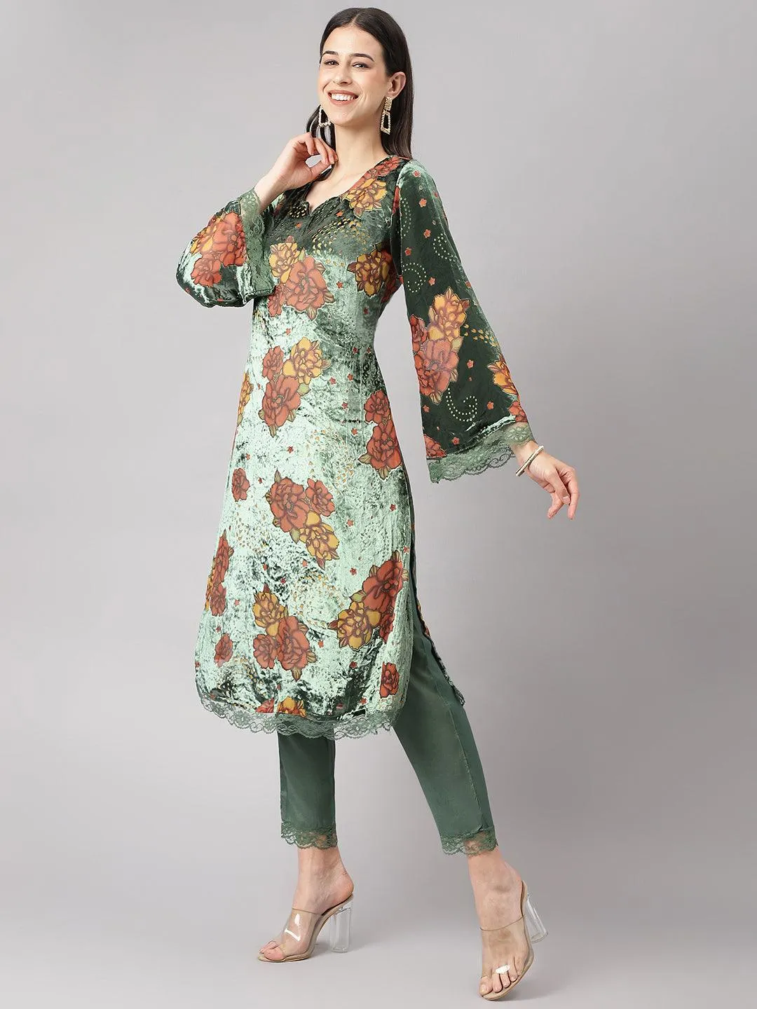 Divena Green Burn out Velvat Kurta Haram Pant with Organza Dupatta