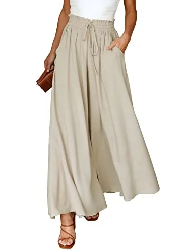 Dokotoo Fashion Womens High Waist Drawstring Wide Leg Long Pants Casual Loose Breathable Lounge Yoga Trousers for Women Ladies Beach Pants with Pockets Beige S