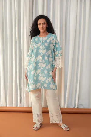 Flared Aqua Cutwork Linen Co-ord Set