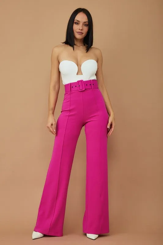 Fuchsia High Waist Pants With Buckle Belt