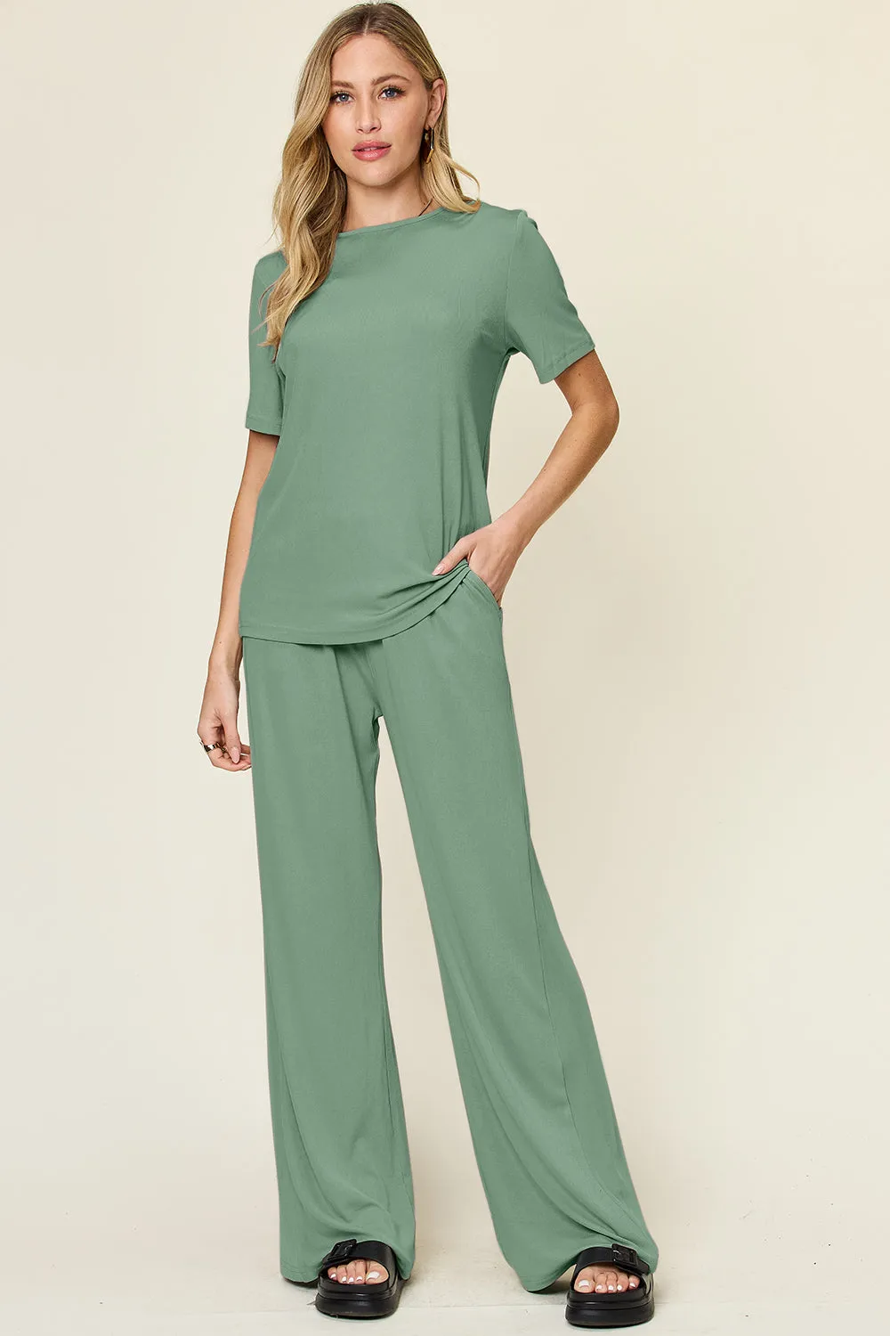 Full Size Round Short Sleeve T-Shirt and Wide Leg Pants Set, Stretchy Outfit