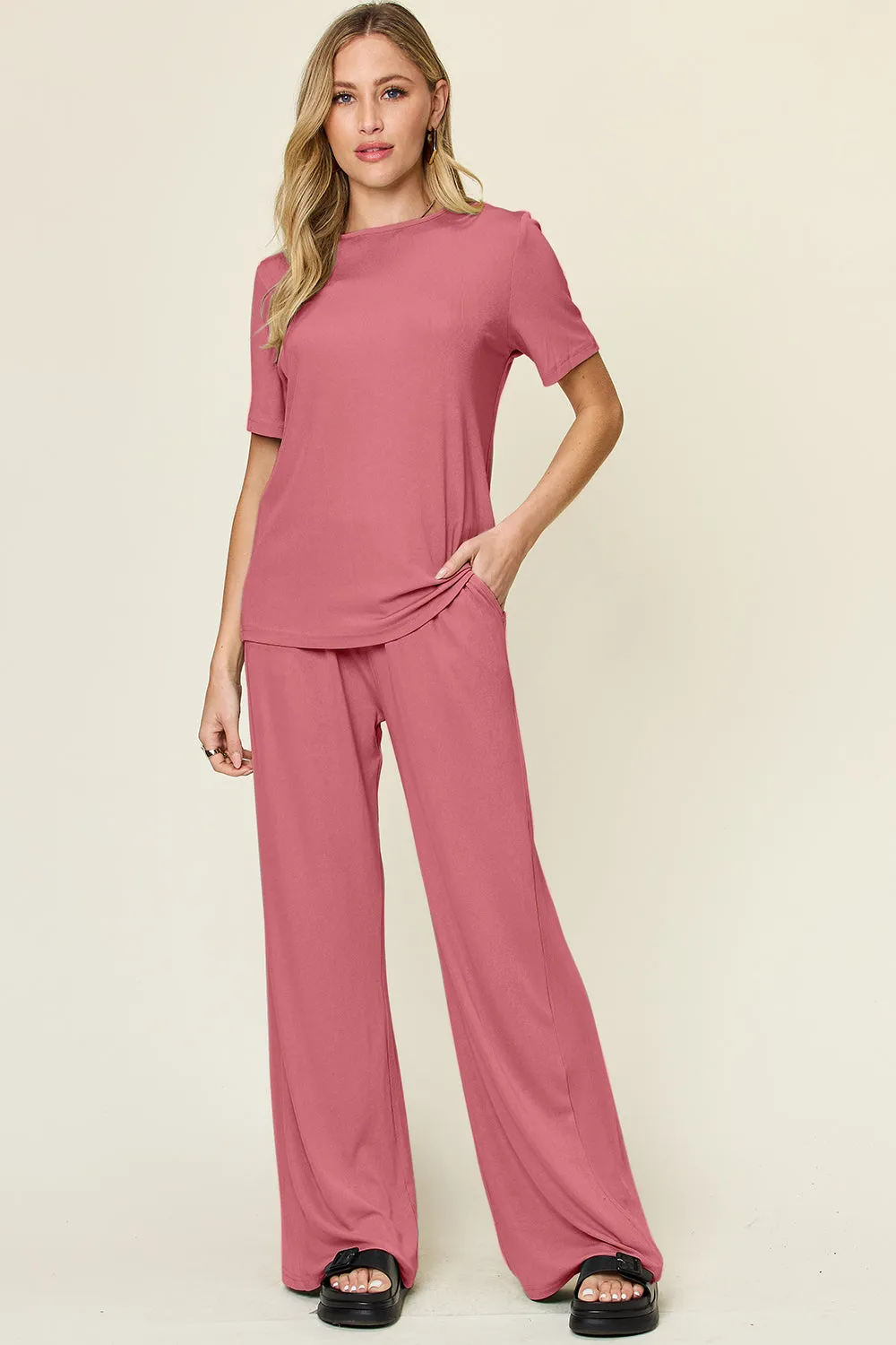 Full Size Round Short Sleeve T-Shirt and Wide Leg Pants Set, Stretchy Outfit