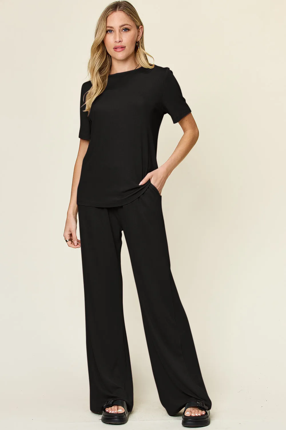 Full Size Round Short Sleeve T-Shirt and Wide Leg Pants Set, Stretchy Outfit