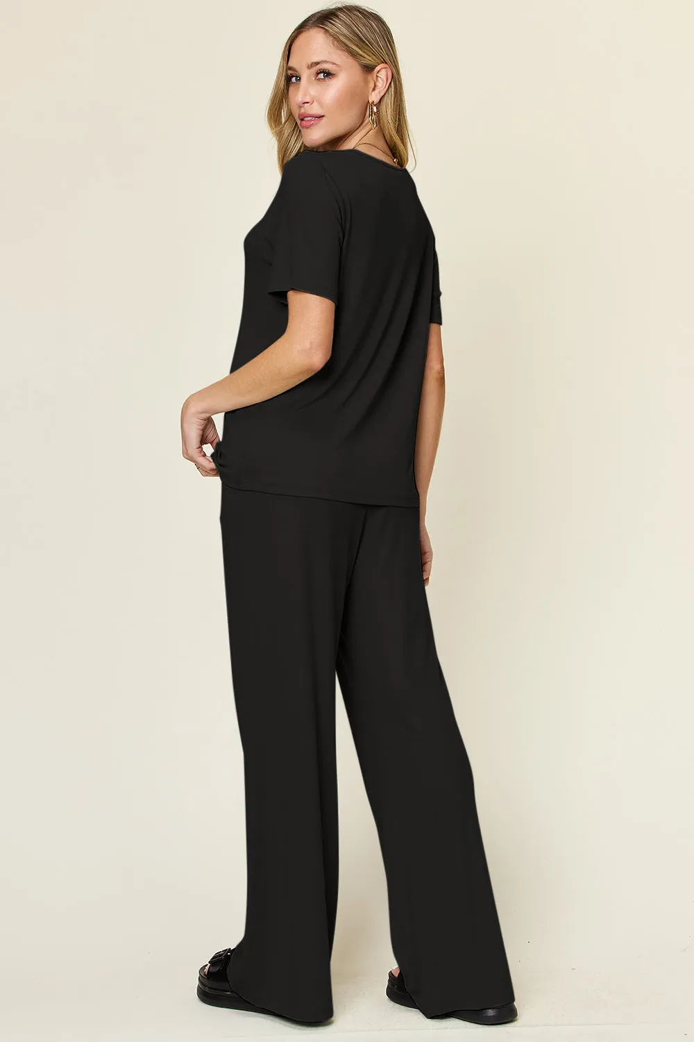 Full Size Round Short Sleeve T-Shirt and Wide Leg Pants Set, Stretchy Outfit