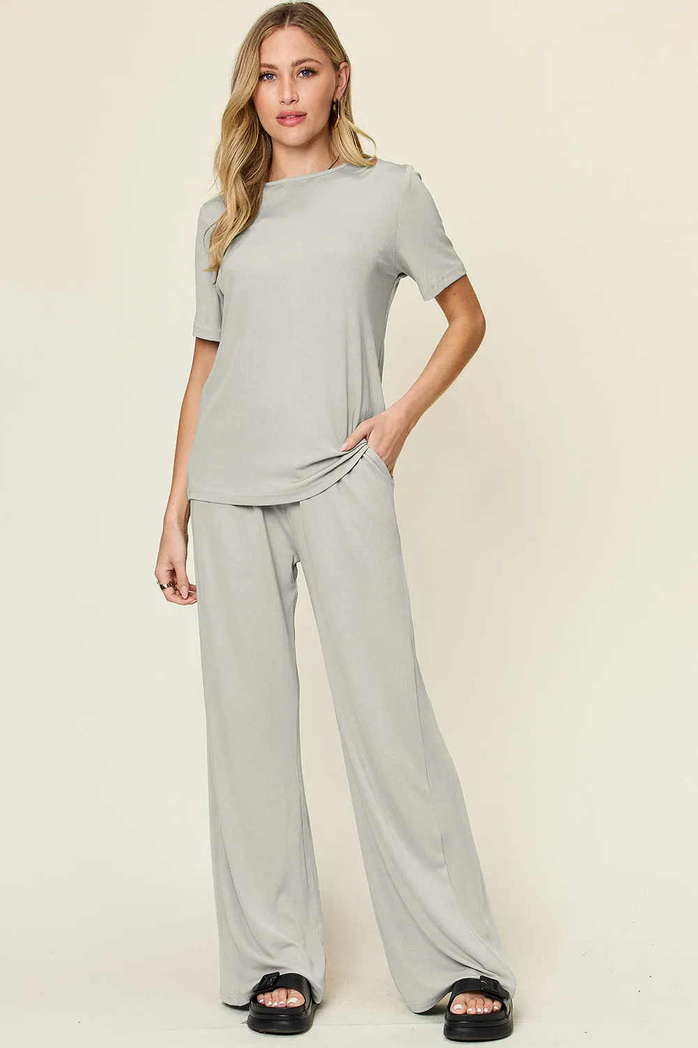 Full Size Round Short Sleeve T-Shirt and Wide Leg Pants Set, Stretchy Outfit