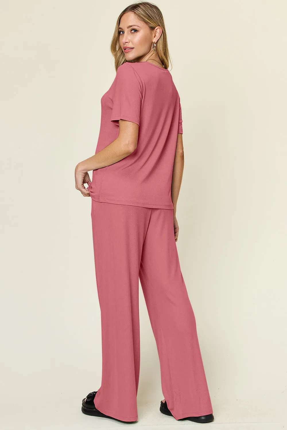 Full Size Round Short Sleeve T-Shirt and Wide Leg Pants Set, Stretchy Outfit