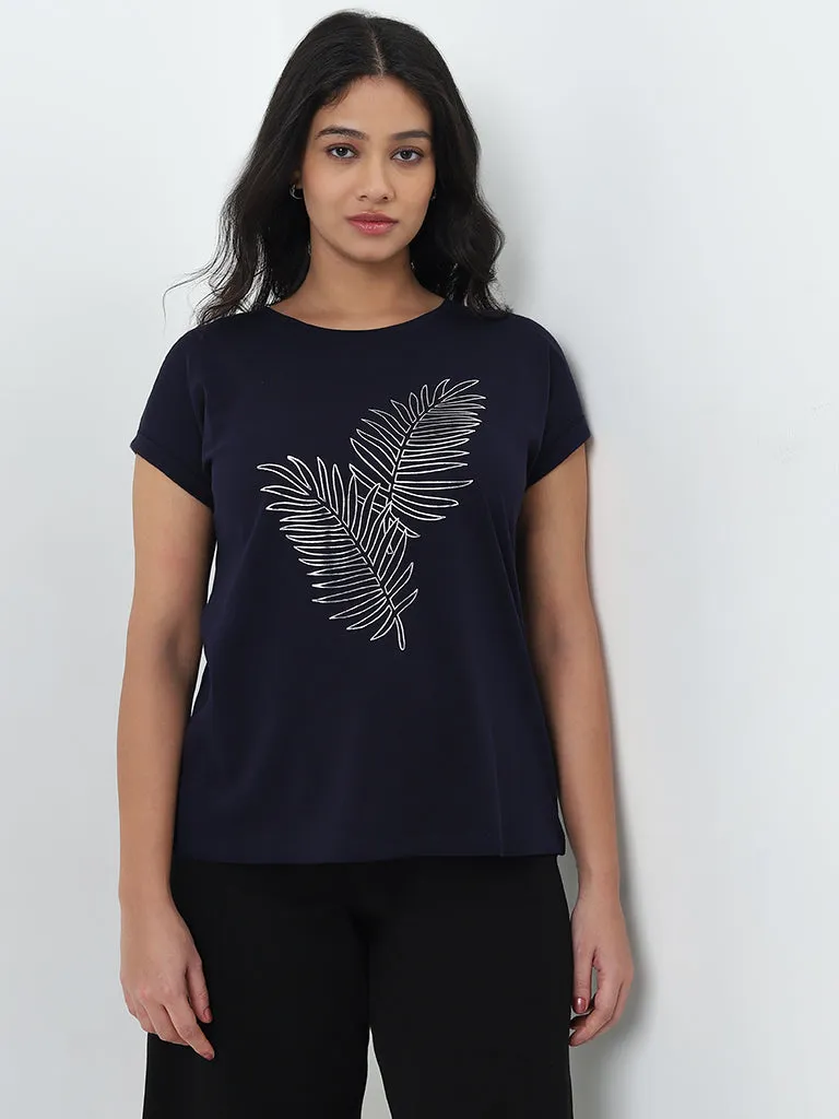 Gia Navy Blue Leaf Printed Cotton T-Shirt