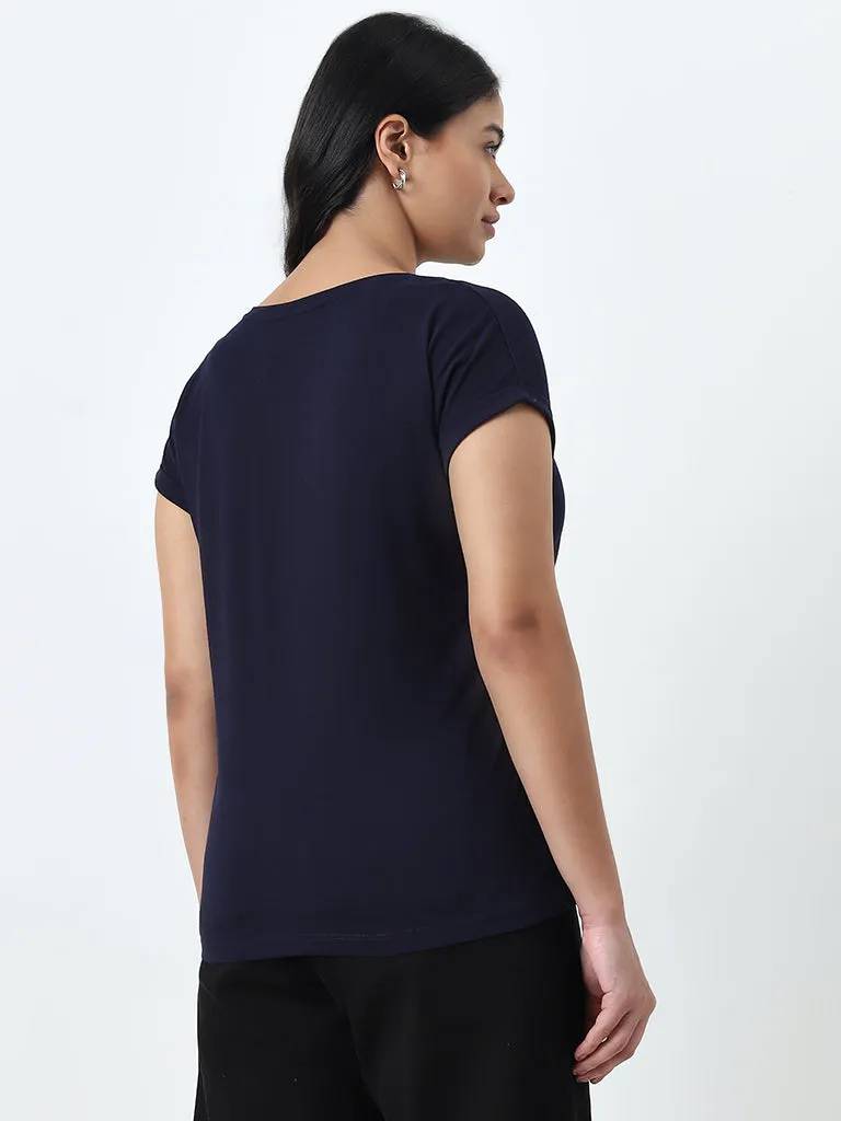 Gia Navy Blue Leaf Printed Cotton T-Shirt